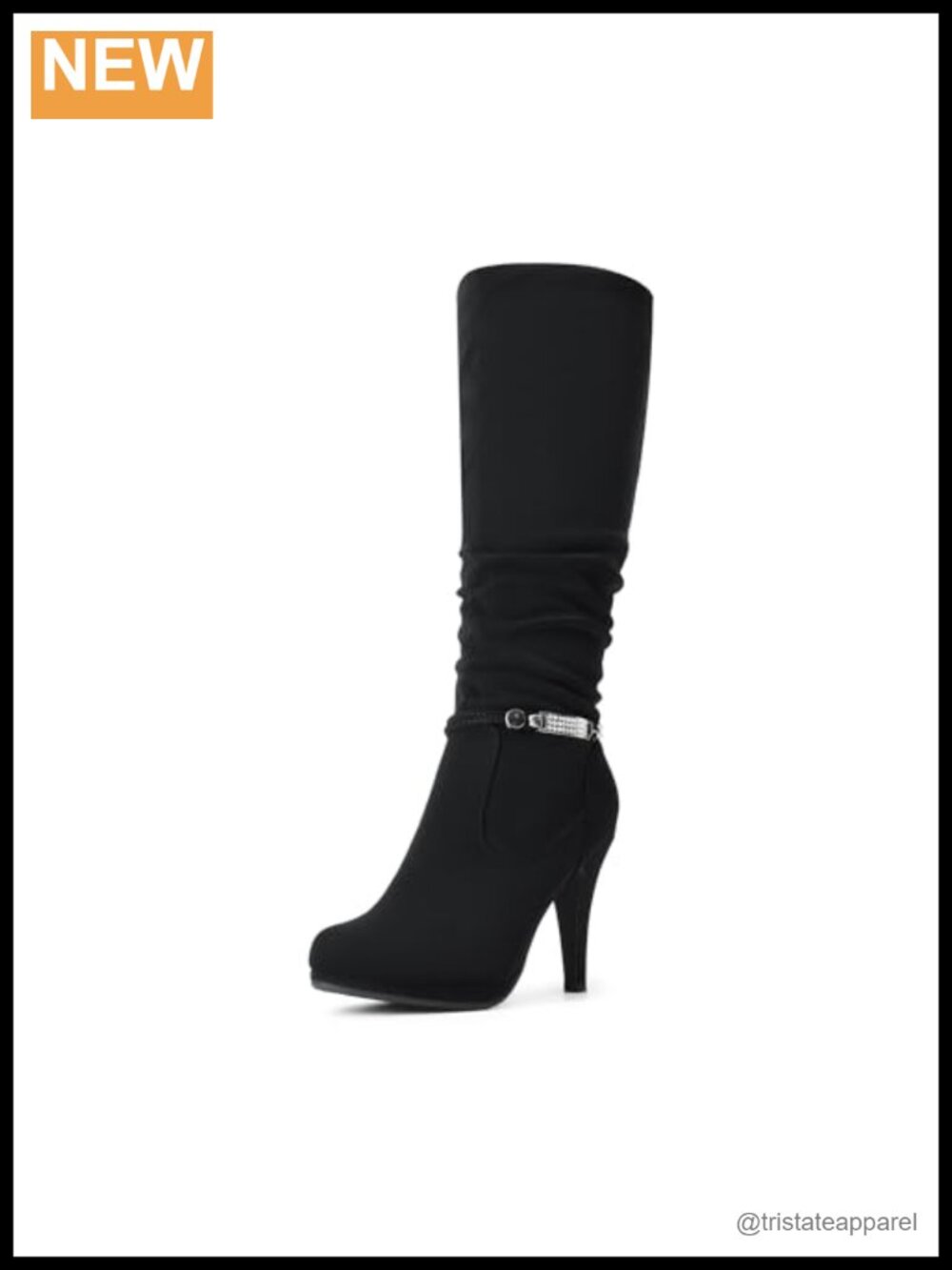 Faux Leather Knee High Stiletto Platform Boots Rhinestone Chain